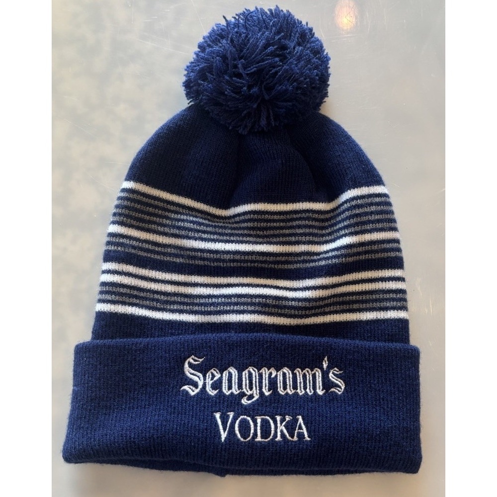 Seagram's Vodka Hat Pom Beanie Logo Knit Cap Alcohol Promo Navy Blue Gray
